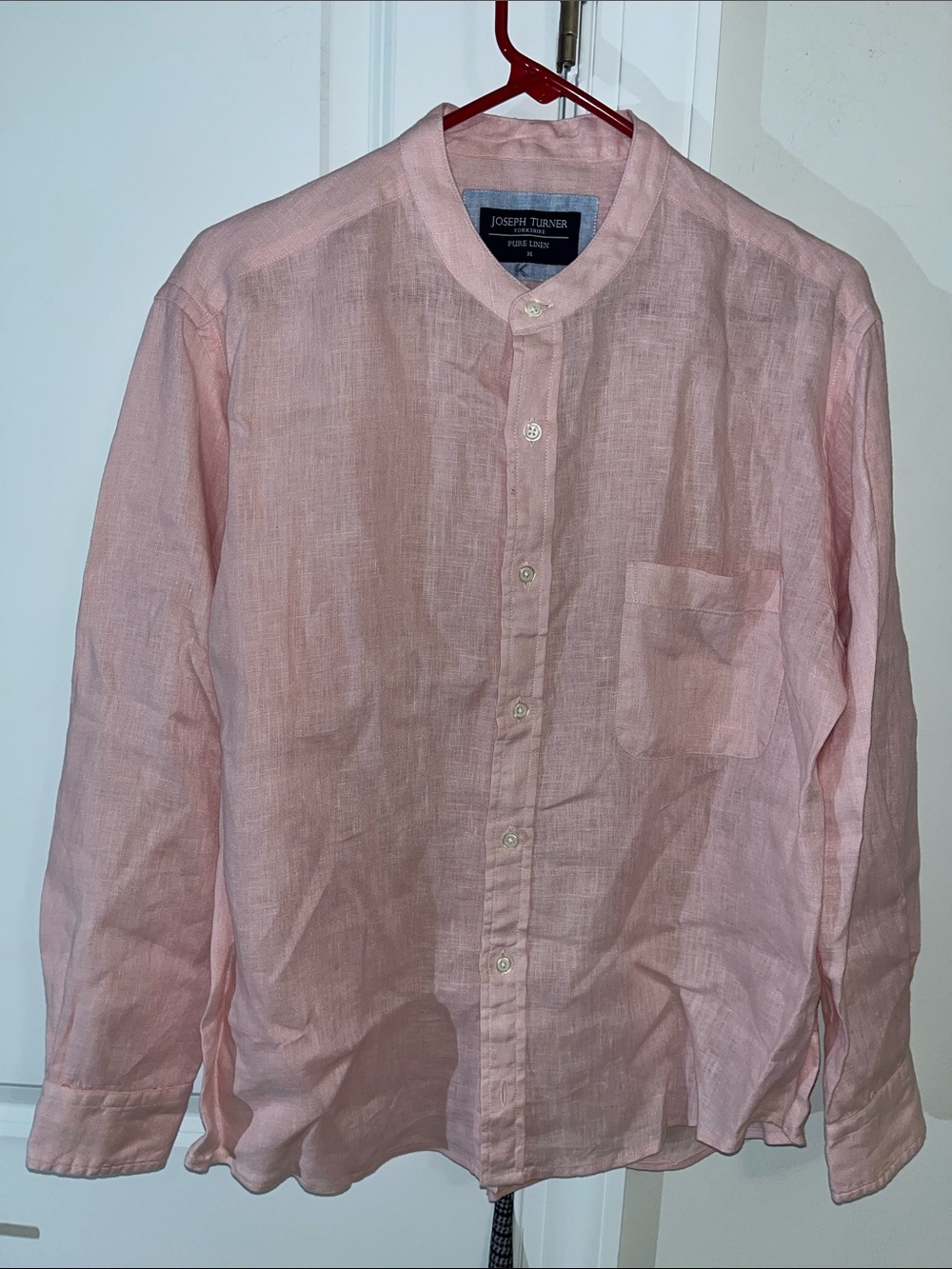Joseph Turner Yorkshire No Collar Mandarin pink 100% Pure Linen LS Pocket Shirt